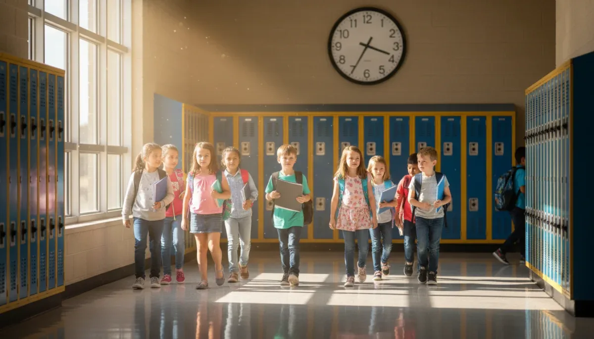 Public school hallway showing students arriving for an extended school day schedule