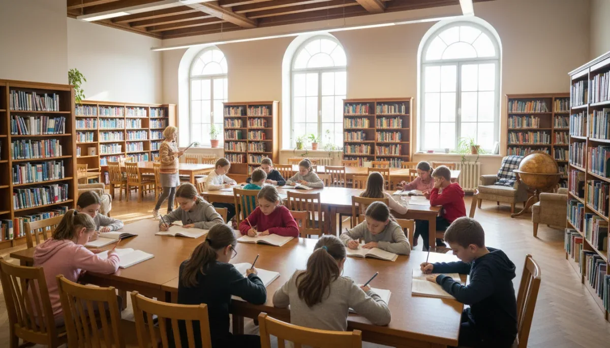Children studying at a library activity table on a weekday morning