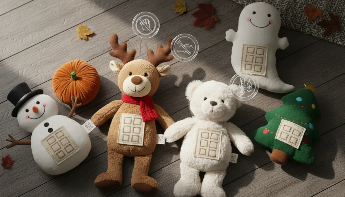 Holiday stuffed toys displaying sewn tracking labels and age grading symbols.