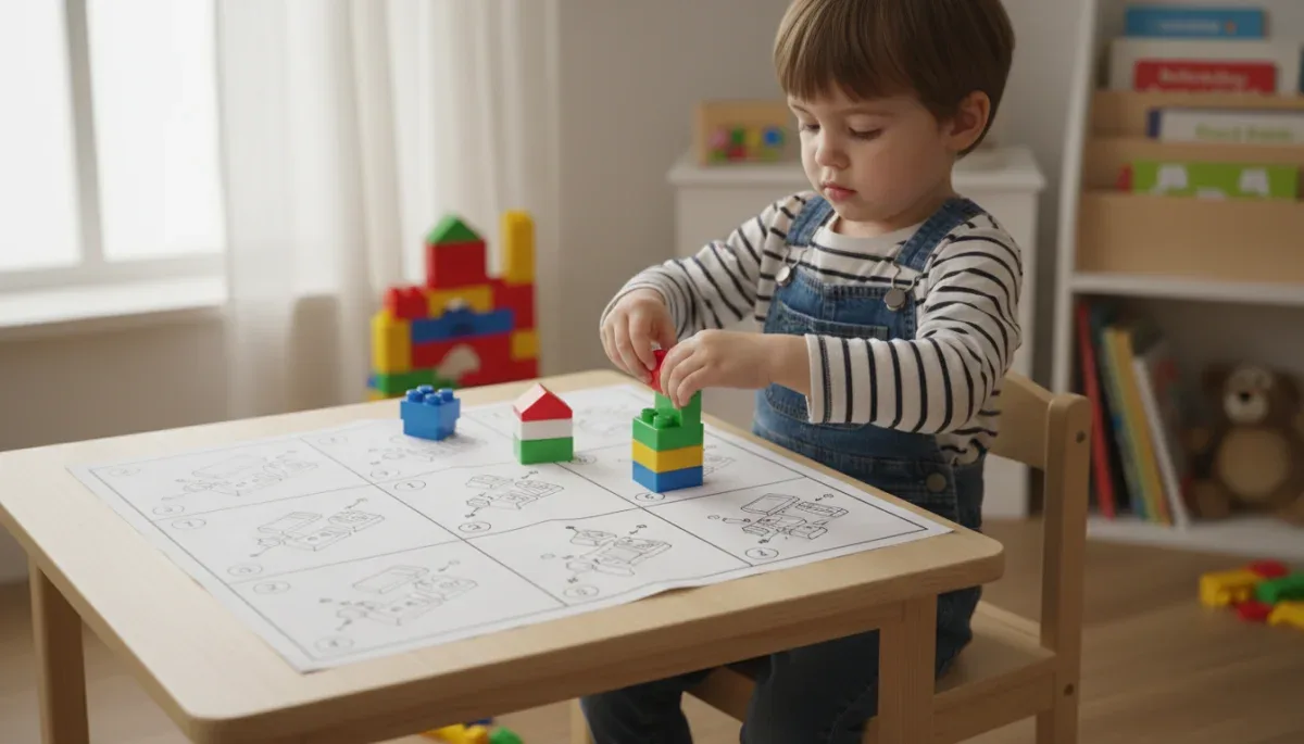 Young child following visual instructions to build a structured toy model