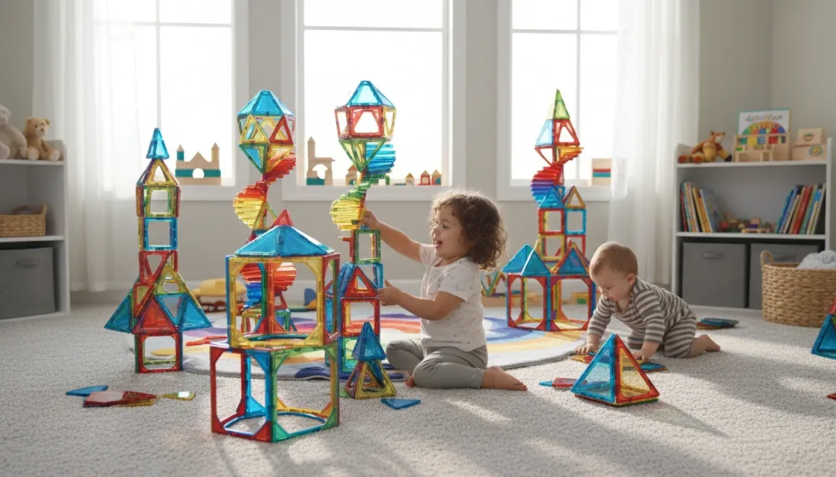 Tall magnetic tile geometric tower built on a playroom floor demonstrating magnetic stability.