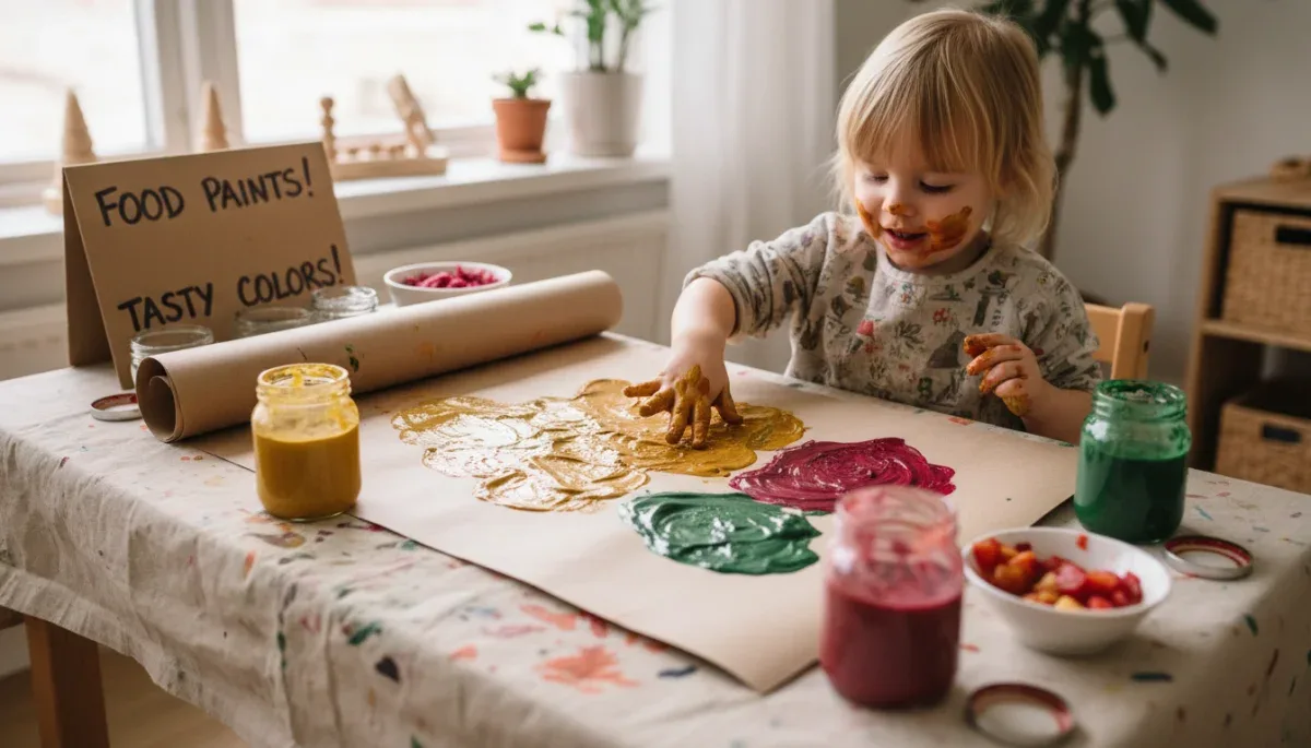 Preschool child using safe non-toxic finger paints on paper