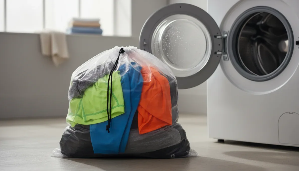 A fine-mesh washing bag for synthetic clothes sitting on an open washing machine door.