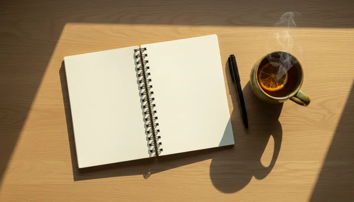 Open blank notebook and pen on a sunlit wooden morning desk.