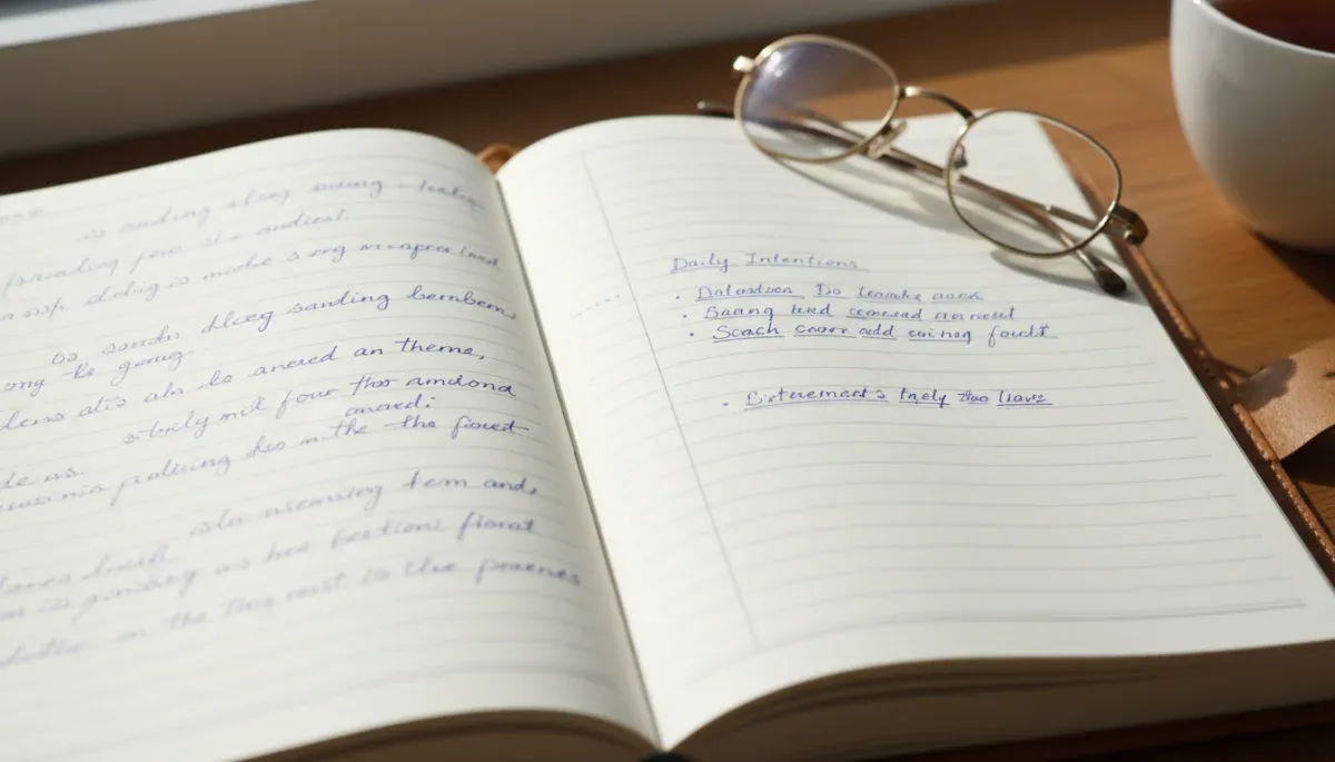 Handwritten daily reflections and intentional notes in an open lined journal.