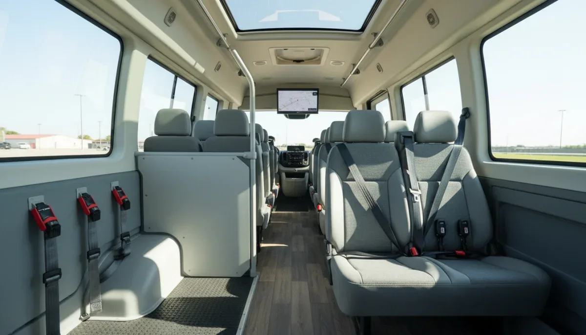 Interior passenger view of a community on-demand transit van.