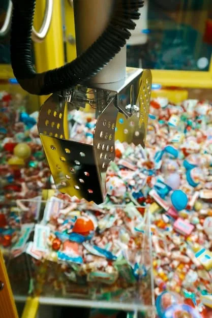 Close-up of a conveyor belt in a toy recycling facility, showing various plastic toy components being sorted by workers wearing gloves and masks. Bins labeled with different plastic types are visible in the background, highlighting the careful processing of materials.