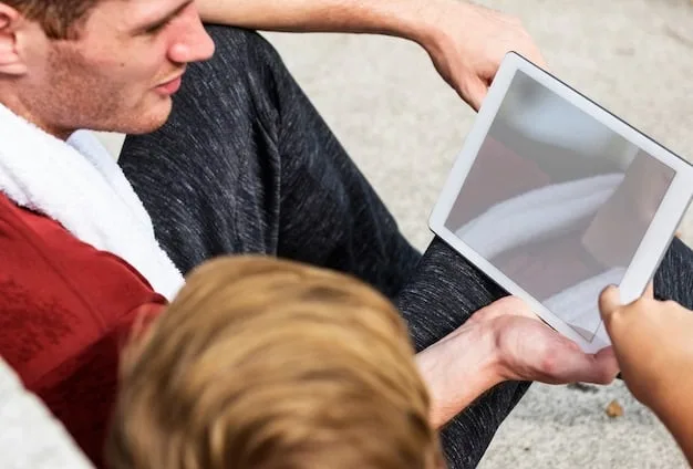 A parent adjusting privacy settings on a tablet, with a child looking on curiously. The scene should be well-lit and convey a sense of safety and awareness.