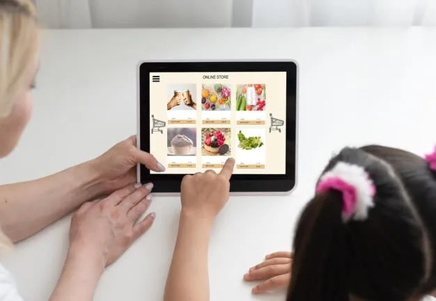 A parent browsing a website or mobile app on a tablet, showcasing a toy rental service with various categories and age ranges available. The interface is clean and user-friendly.