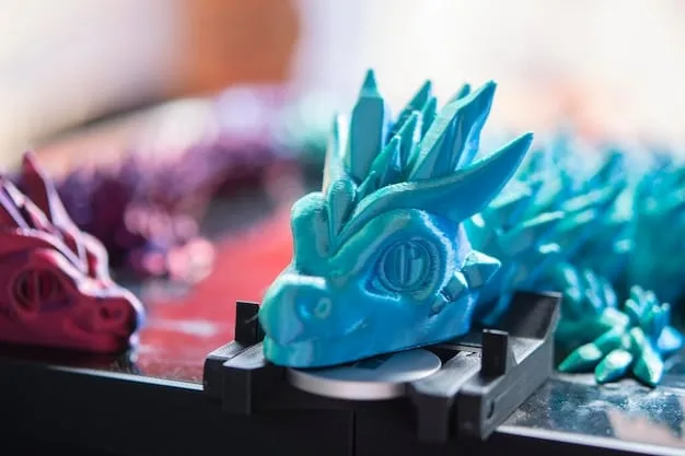 Close-up shot of a 3D printer in operation, printing a small, intricate toy figurine. The printer nozzles are visible, layering material precisely to create the form. Different colored filaments are spooled nearby, ready to be used.