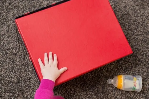 A close-up shot of a child's hands excitedly opening a toy subscription box. The box is filled with colorful and engaging educational toys, such as building blocks, puzzles, and art supplies. The child's face is partially visible, showing a expression of joy and anticipation.