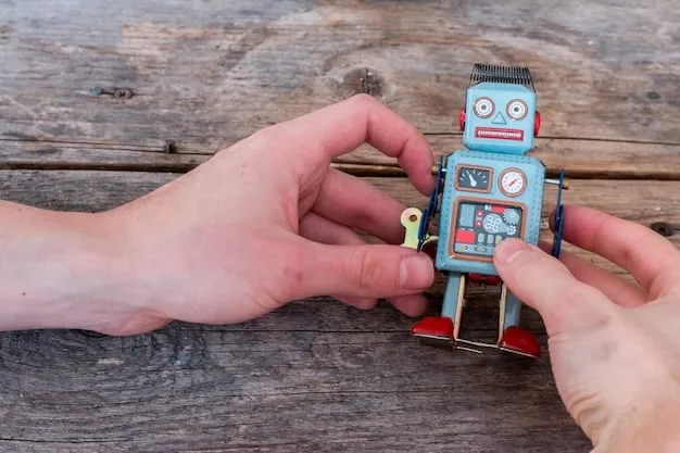Close-up shot of a child's hands interacting with a small, humanoid robot toy on a wooden table. The robot has a friendly face with LED eyes and posable arms. The child is smiling and using a tablet to remotely control the robot's movements. The setting is a brightly lit playroom.