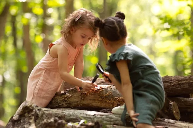 Two children collaborating on building a fort in the woods. They are using branches, leaves, and other natural materials to create their structure.