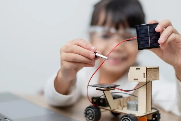 A close-up shot of a child's hands building a model car using a solar panel kit. The child is focused and smiling slightly, surrounded by various components of the kit. The background is softly blurred to highlight the hands and the project.