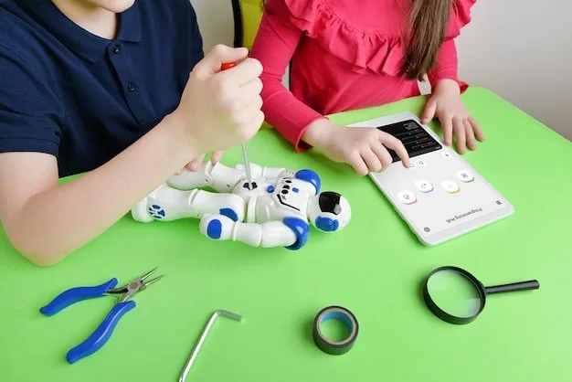 A close-up shot of a child's hands interacting with a coding robot toy. The robot is in a partially disassembled state, showcasing its internal components and wiring, emphasizing the hands-on and interactive nature of the toy. The child is focused and engaged, with a backdrop of other coding-related materials, such as coding books and circuit boards.