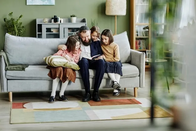 A wide shot of a living room scene featuring a family - parents and two children - playing together with coding toys. The children are focused on programming a robot while the parents are engaged in a coding game on a tablet. The room is brightly lit and decorated with educational materials, creating a supportive and stimulating learning environment.