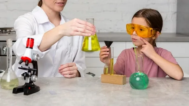 A child is shown wearing safety goggles and conducting a science experiment from a chemistry set. The experiment involves mixing colorful liquids in test tubes, with a parent supervising in the background. The scene conveys a sense of curiosity and excitement.