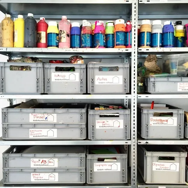 A well-organized storage room with clear plastic bins stacked neatly on shelves. Labels on each bin indicate the contents, such as