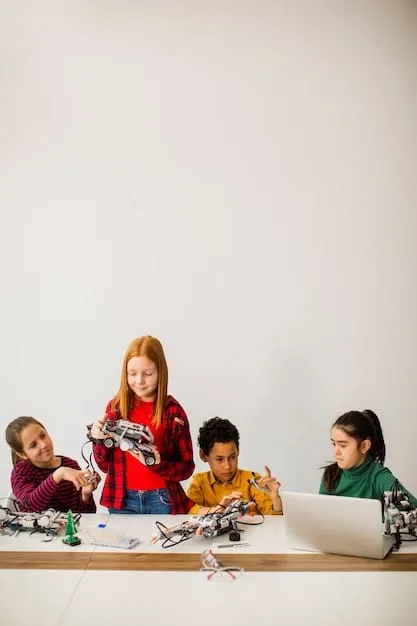 A group of diverse children joyfully playing with an interactive robotics kit, showcasing lights, sensors, and programmable components, emphasizing the engagement and educational value of such a STEM toy.