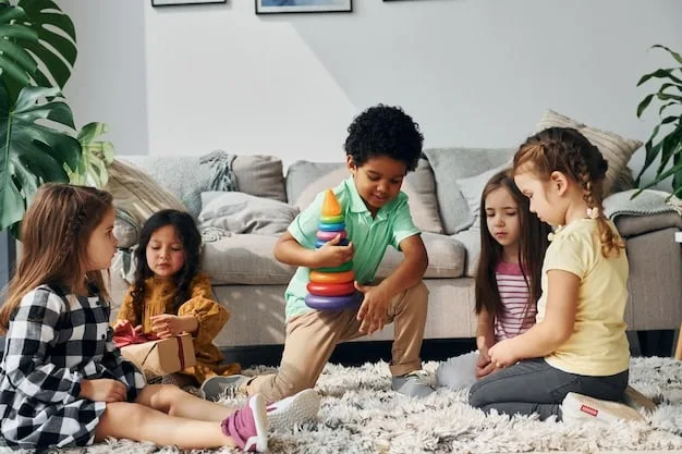 A group of diverse children playing together in a brightly colored room filled with donated toys. They are laughing and engaging with various toys, showcasing the impact of toy donations.