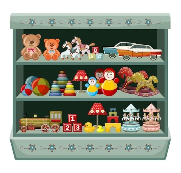 A shelf in a toy store, fully stocked with various limited-edition holiday-themed toys. The shelves are brightly lit, and customers are browsing the selection.