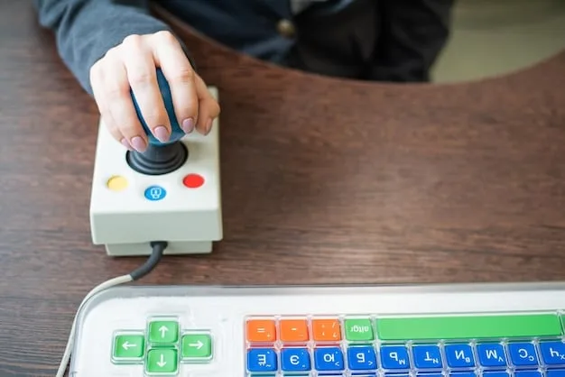 A close-up of customized adaptive gaming controllers with large, colorful buttons and adjustable supports, designed for children with motor skill challenges.