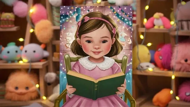 A close-up shot of a personalized storybook where the main character is a cartoon version of the child it was made for. The illustration style is whimsical and colorful, fitting for a children's book.