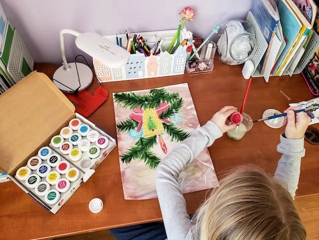 A vibrant photo of a child proudly displaying their completed art project from a subscription box, surrounded by colorful paints, brushes, and various art supplies.