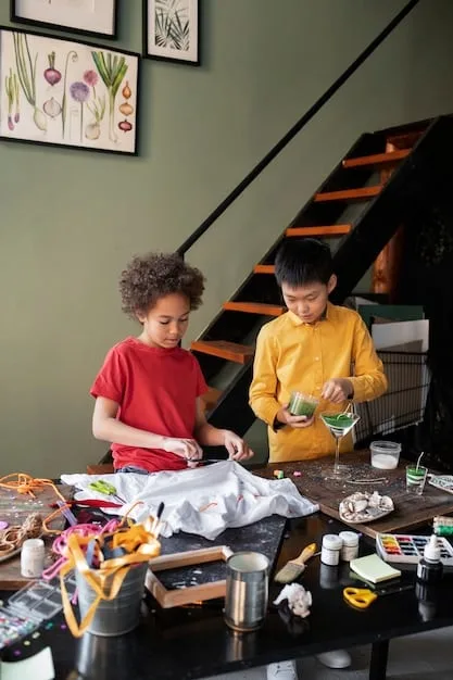 A group of diverse children, ages 6-10, sitting around a table, enthusiastically engaging in various art projects with the supplies mentioned in the article.