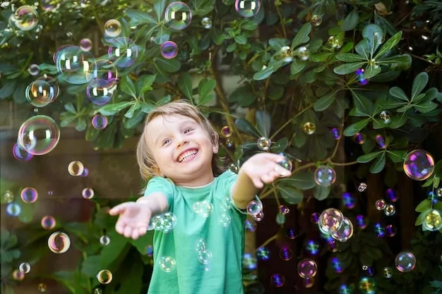 A close-up shot of a child smiling while playing with a bubble machine in a park. Bubbles are floating all around the child, creating a magical atmosphere.