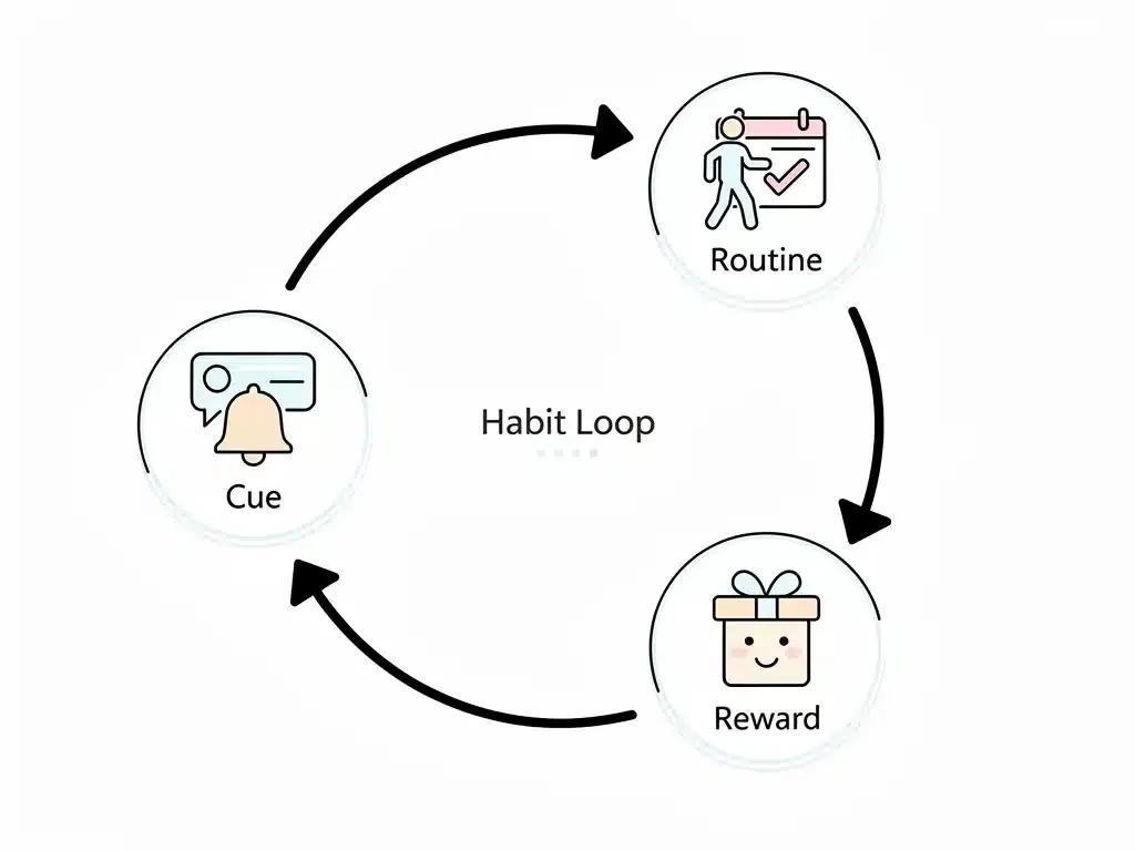 Diagram illustrating the three-part habit loop: cue, routine, reward