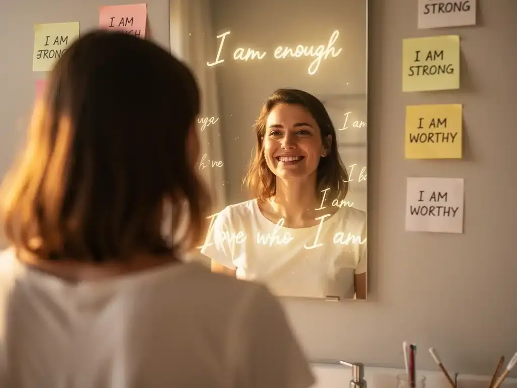 Person smiling at reflection, embodying self-acceptance and positive self-image.