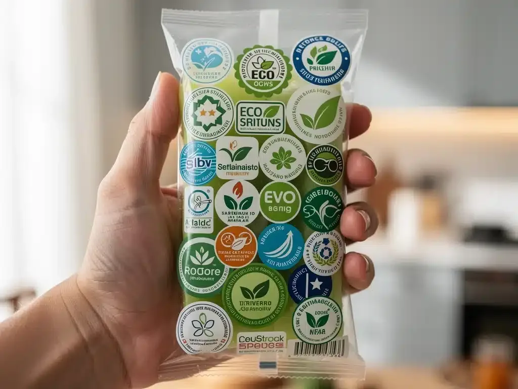 Hand holding product with multiple complex eco-labels, illustrating consumer challenge