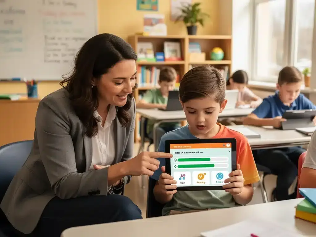 Teacher assisting student with digital learning on tablet.