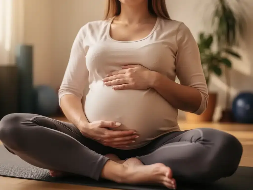Pregnant woman's hands cradling baby bump during prenatal yoga, symbolizing connection.