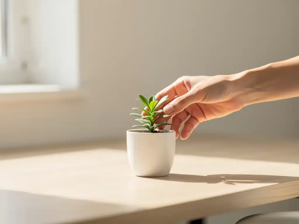 Hand placing a small plant on a clean desk