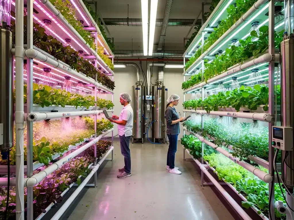 Indoor vertical farm with LED-lit plants, showcasing sustainable urban agriculture.