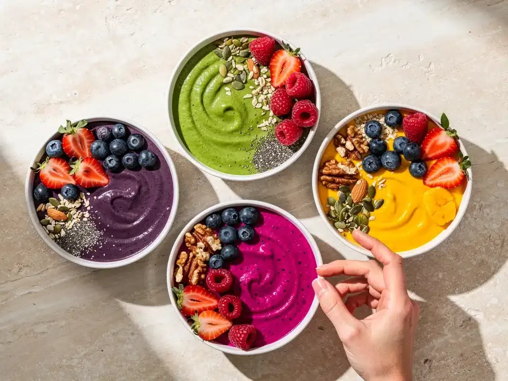 Assortment of vibrant plant-based smoothie bowls topped with fresh fruits and seeds.