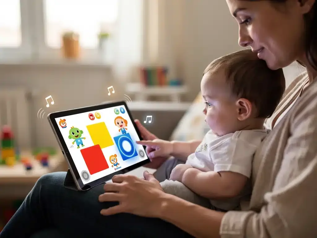 Parent and infant using an AI learning app on a tablet for early cognitive stimulation.