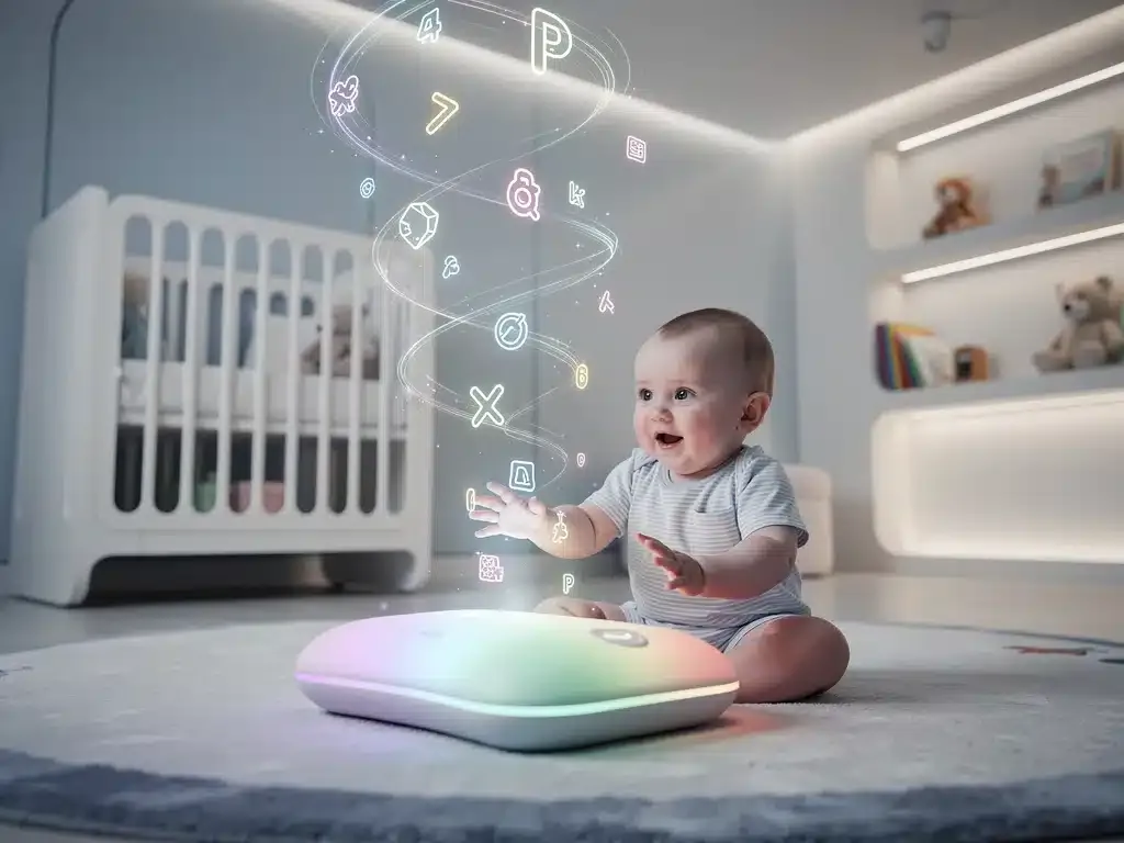 Infant interacting with AI educational device in a futuristic nursery setting, promoting cognitive development.
