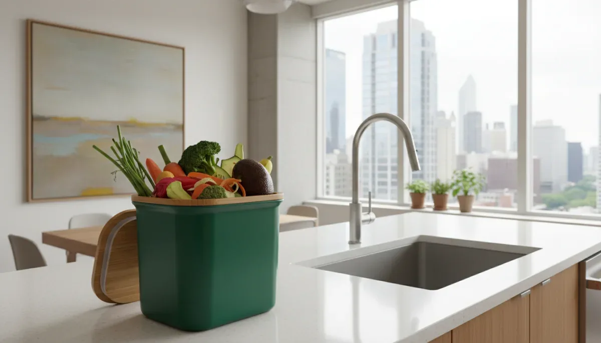 Countertop compost bin with vegetable scraps in an urban apartment kitchen.