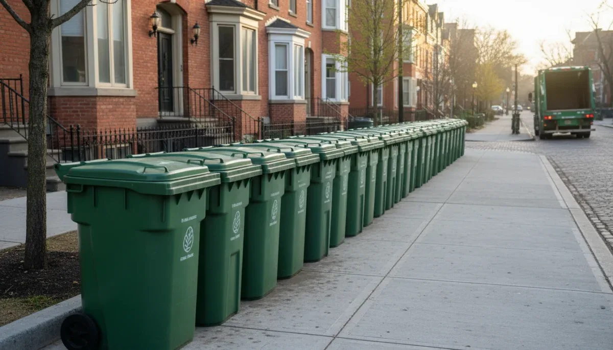 Green curbside organic waste bins lined up on an urban sidewalk.