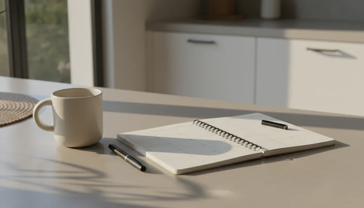 A morning coffee mug placed next to an open daily planner on a clean kitchen counter.