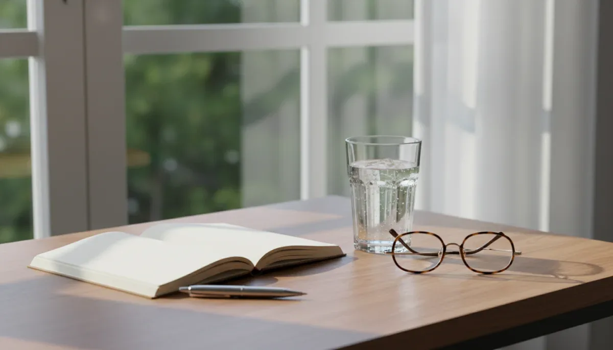 A tidy workspace with a notebook and a glass of water ready for a daily routine.