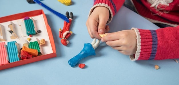 A close-up shot of a child's hands assembling a customizable creative toy set, with various colorful components and tools laid out on a table. The focus is on the child's engaged expression and the tactile nature of the materials.