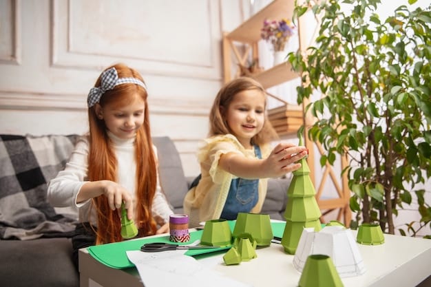 A scenic shot of children playing with an eco-friendly building blocks set made from sustainably harvested wood, set against a backdrop of a lush green forest. The focus is on the natural materials and the sense of eco-consciousness.