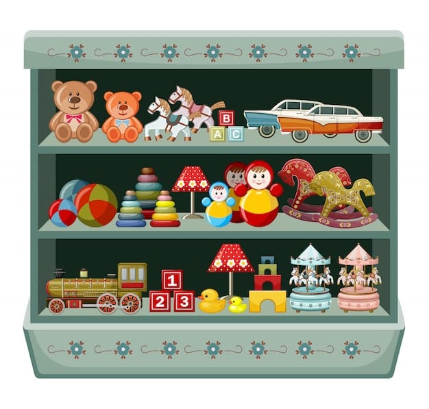 A shelf in a toy store, fully stocked with various limited-edition holiday-themed toys. The shelves are brightly lit, and customers are browsing the selection.