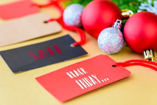 A close-up shot of a clearance tag on a shelf full of discounted Christmas-themed toys in a retail store after the holiday season. The tag clearly shows a large discount percentage.