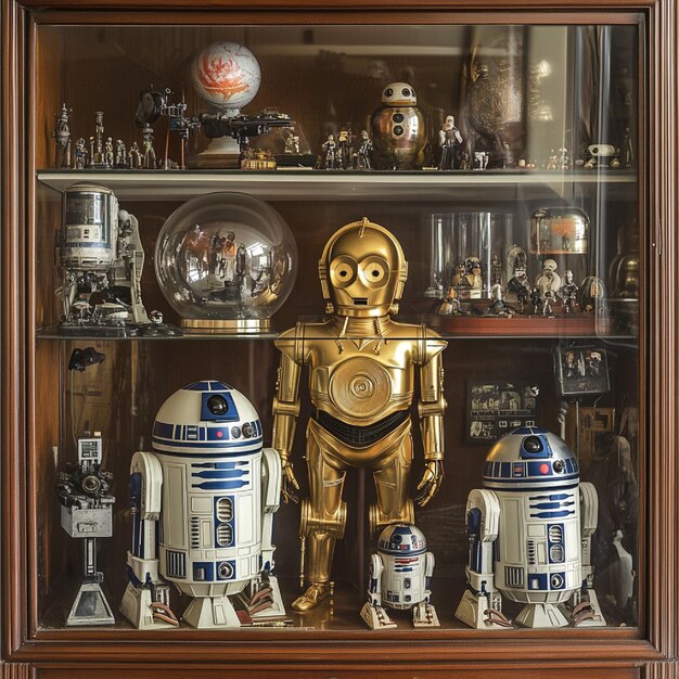 A brightly lit display case showcasing a curated collection of rare and valuable vintage Star Wars action figures in pristine condition, arranged neatly to highlight their collectibility.