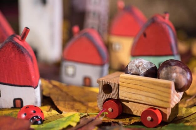 A brightly lit workshop where artisans are handcrafting wooden toys. The scene showcases the craftsmanship and the natural materials, emphasizing the traditional and eco-friendly aspects of toy production.